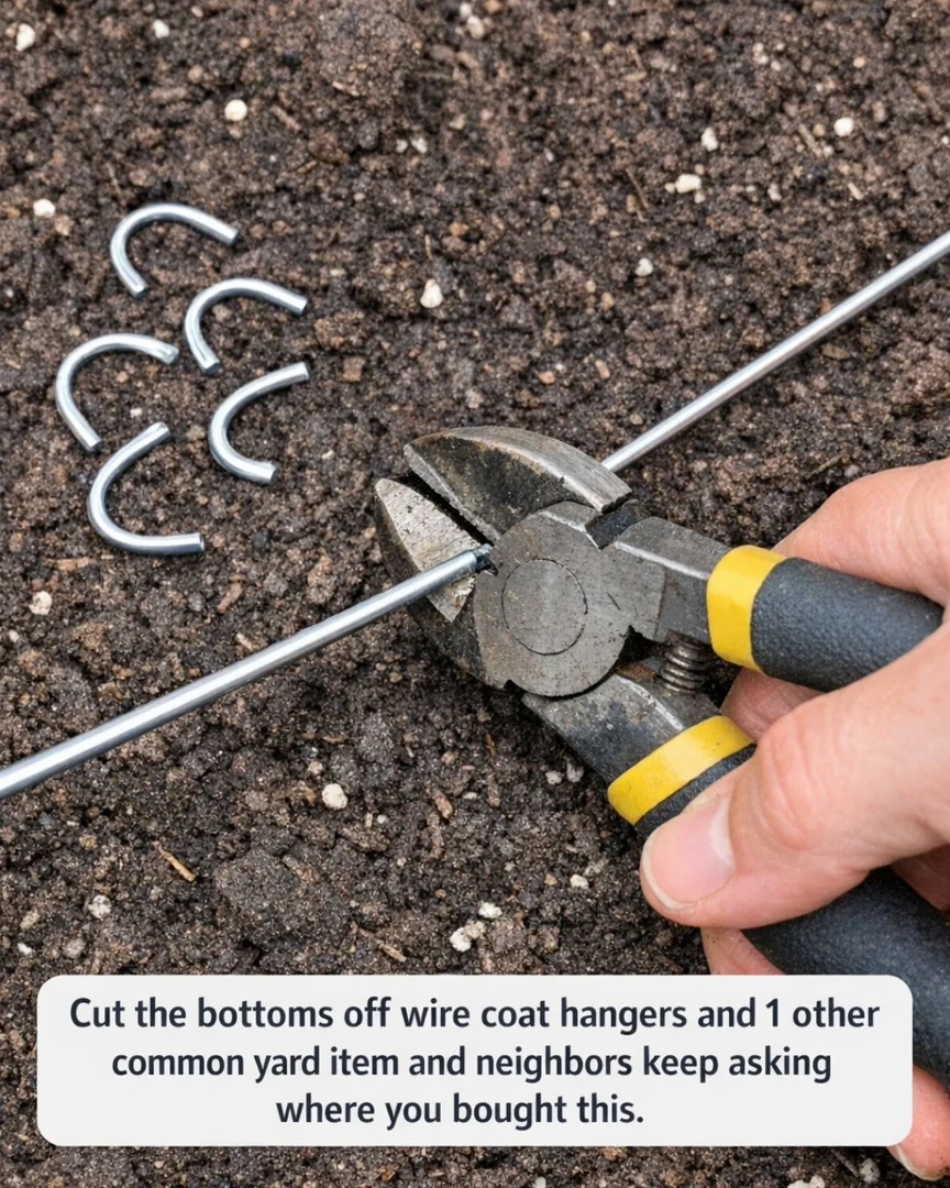Cut the bottoms off wire coat hangers and 1 other common yard item and neighbors keep asking where you bought this
