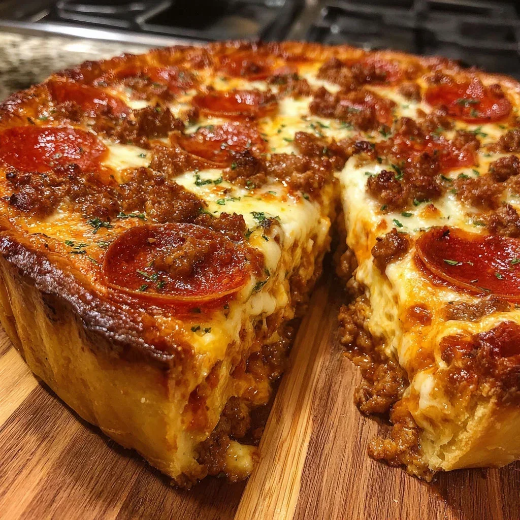 A slice of deep dish pizza.