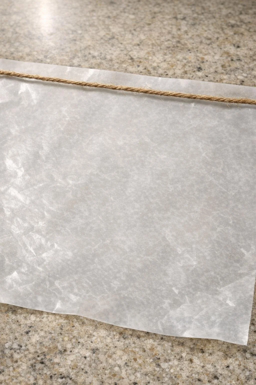 Twine laid across the top of wax paper ready for hot glue icicles