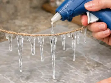 Clear hot glue icicles being piped down from twine onto wax paper