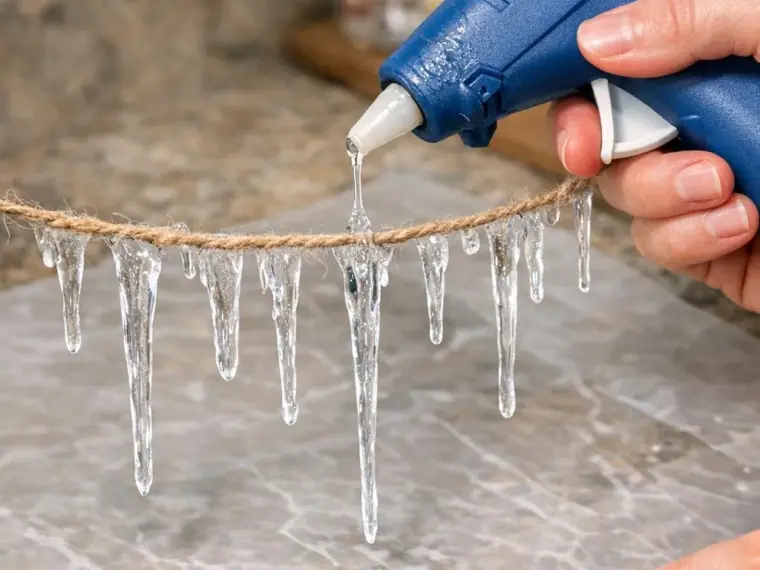 Clear hot glue icicles being piped down from twine onto wax paper
