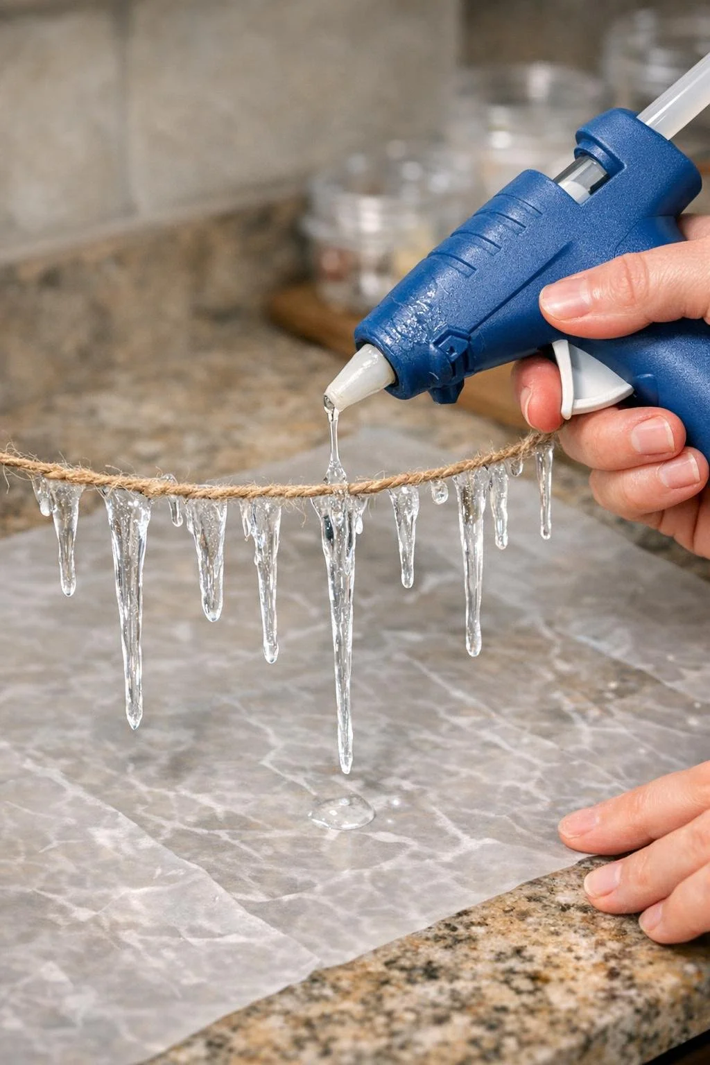 Clear hot glue icicles being piped down from twine onto wax paper