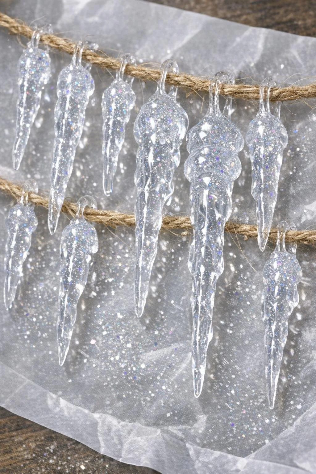 Glittered hot glue icicles thickened with a second layer on wax paper