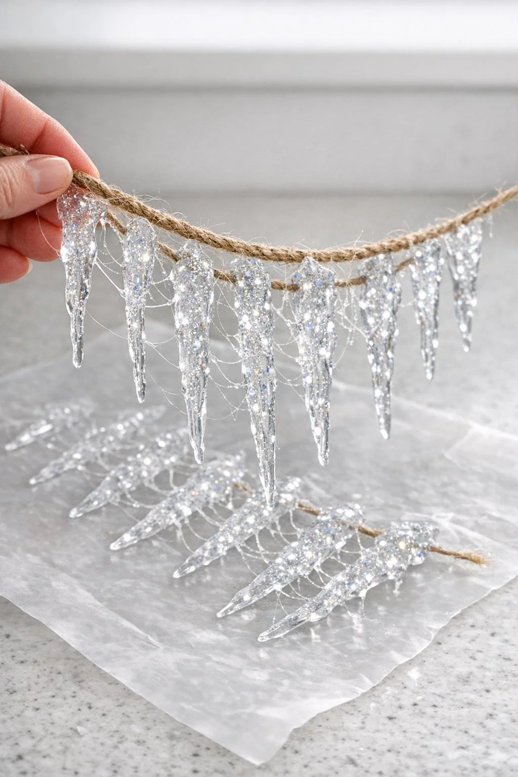 Finished hot glue icicle garland being lifted off wax paper in one piece
