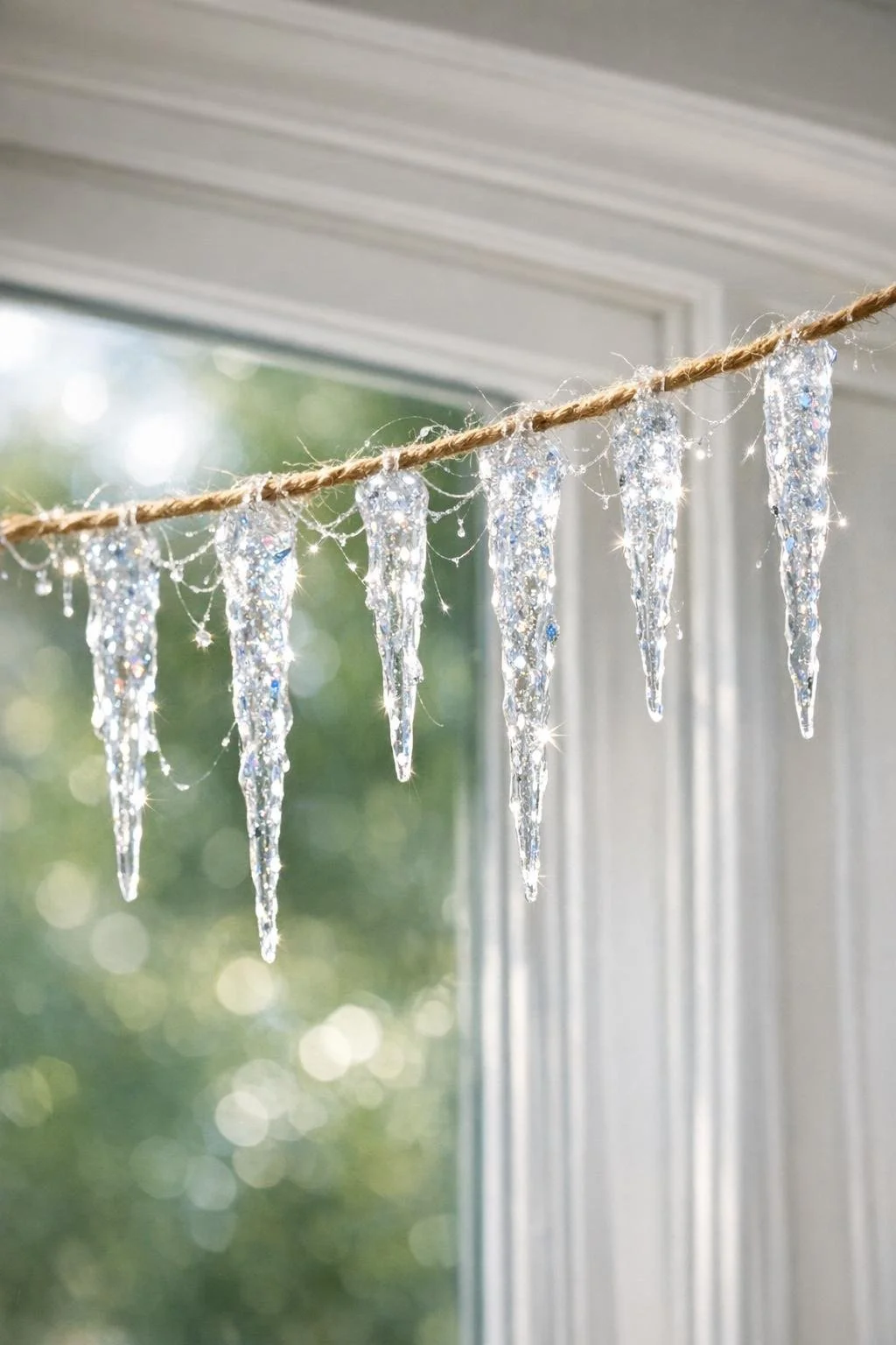 Completed crystal icicle garland made from clear hot glue and glitter draped for display