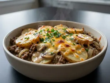 Hobo Casserole with Ground Beef—easy layers of potato, cheddar and mushroom sauce for a simple.