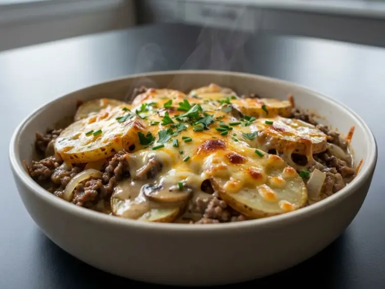 Hobo Casserole with Ground Beef—easy layers of potato, cheddar and mushroom sauce for a simple.