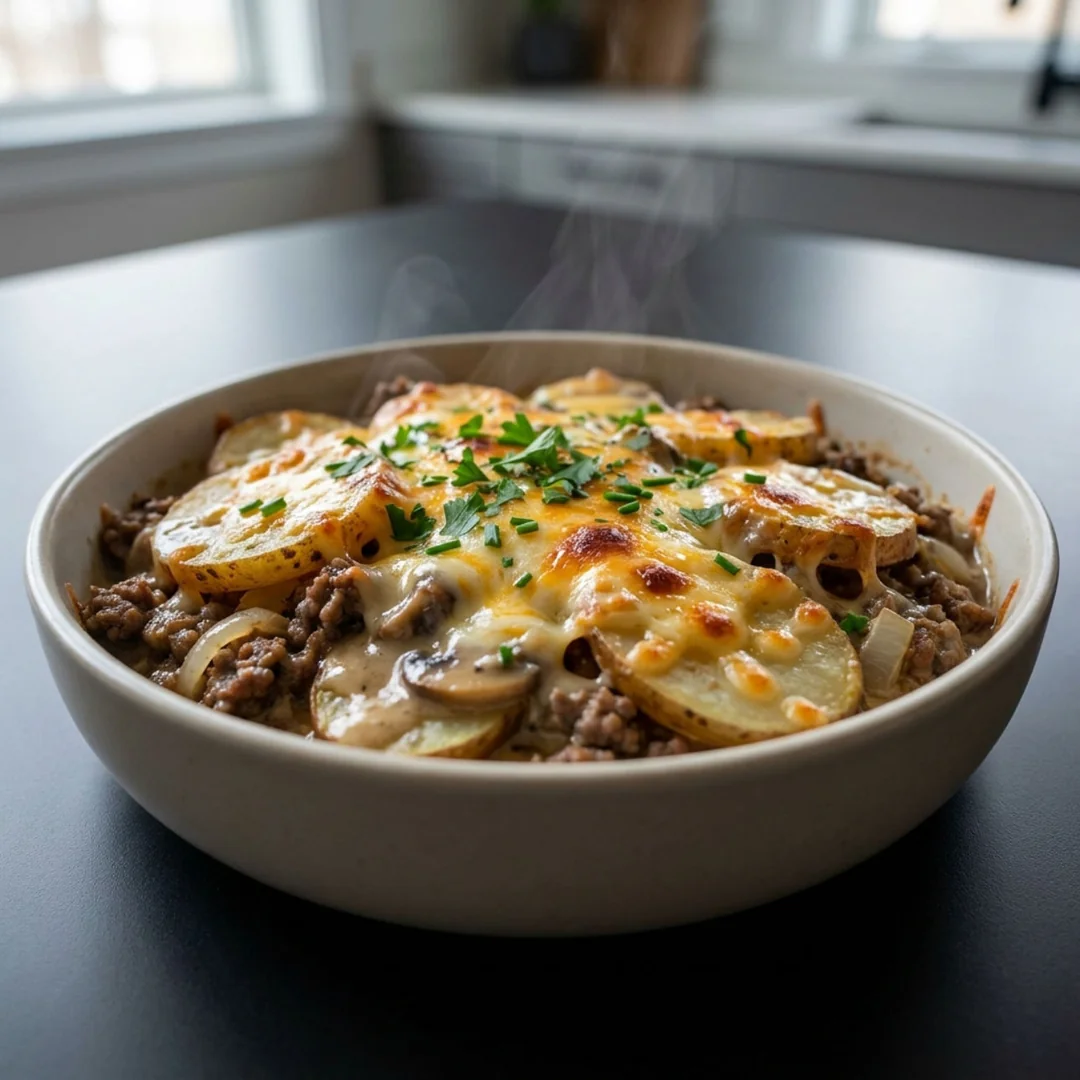 Hobo Casserole with Ground Beef—easy layers of potato, cheddar and mushroom sauce for a simple.