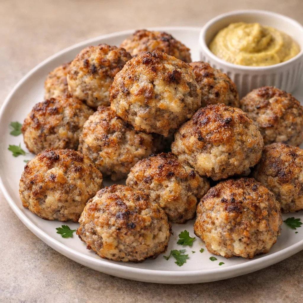 Freshly baked sausage balls on a simple platter
