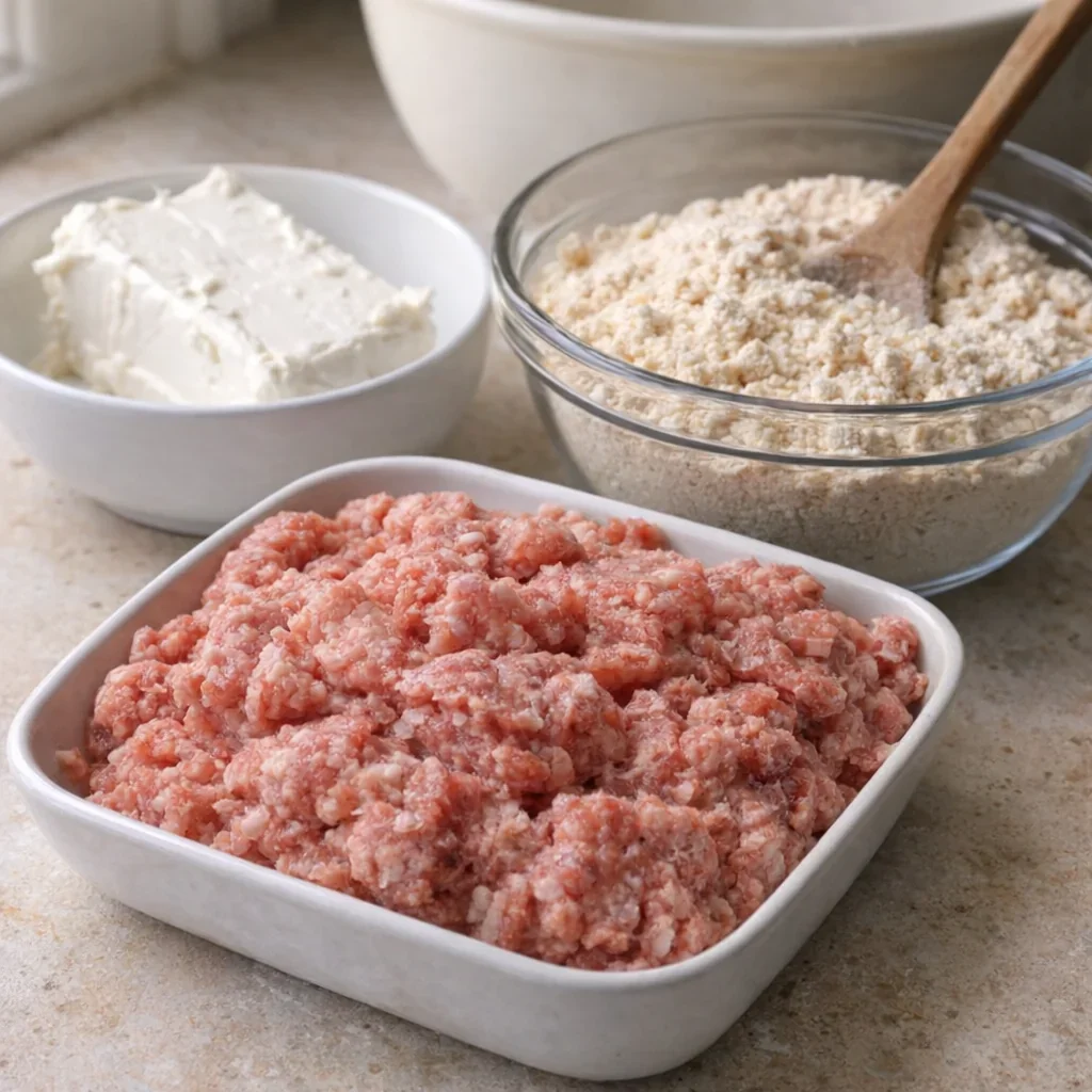 Measured sausage ball ingredients on a kitchen counter