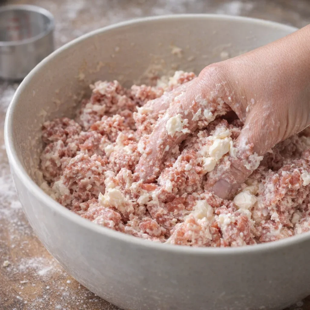 Sausage and cream cheese being mixed in a bowl