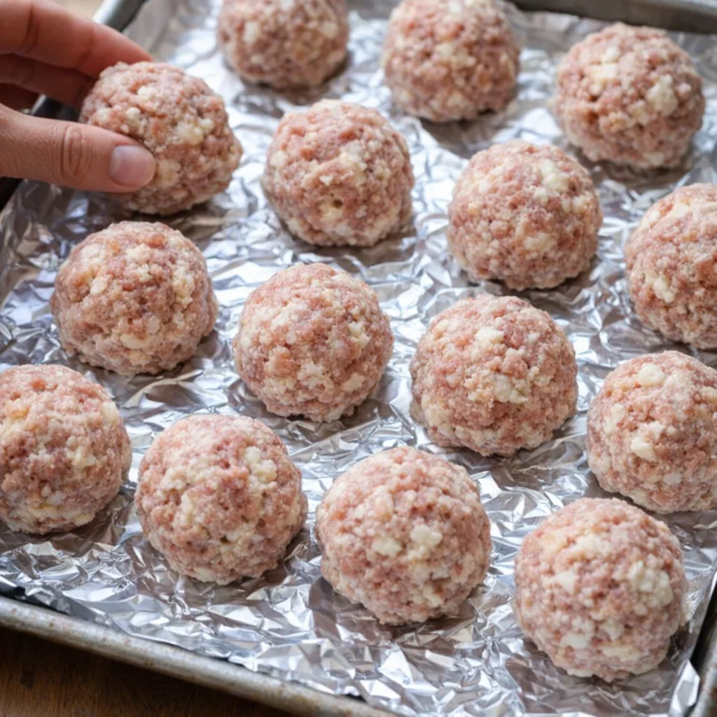 Unbaked sausage balls lined up on a foil-lined sheet pan
