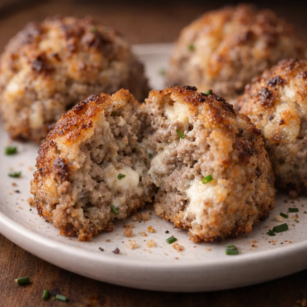 Cooked sausage ball split open to show the center