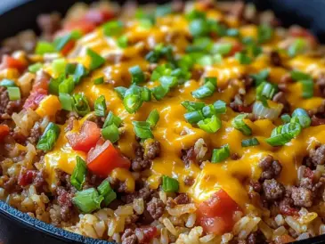 One Pot Bacon Cheeseburger Rice with Cheddar and Savory Flavors