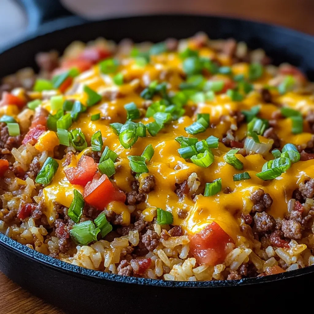 One Pot Bacon Cheeseburger Rice with Cheddar and Savory Flavors