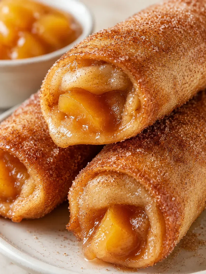Peach Cobbler Egg Rolls, plated and served