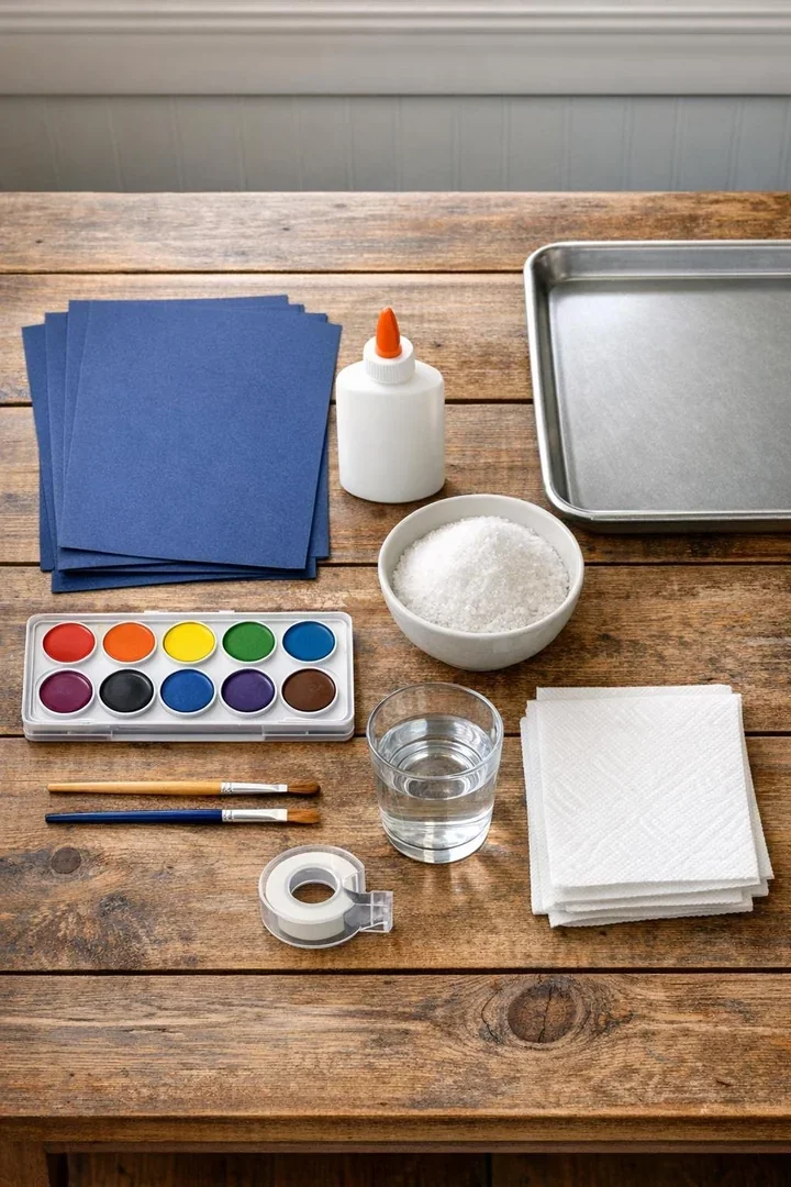 Materials for salted snowflake window art laid out on a table