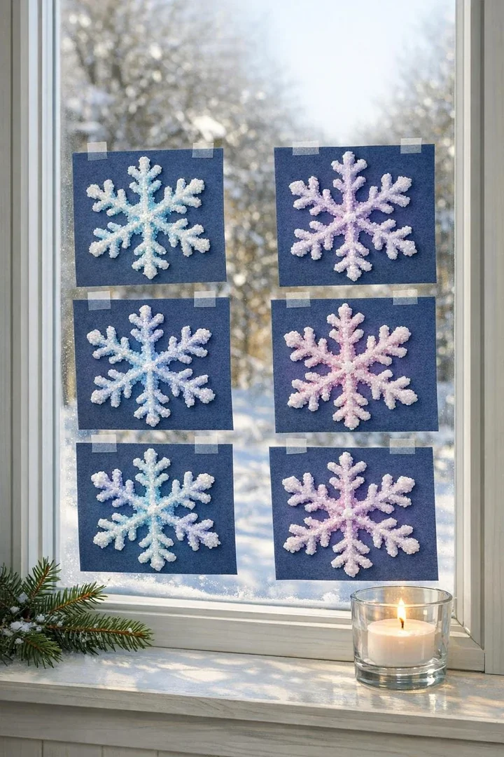 Finished salted snowflake window art displayed in a bright window