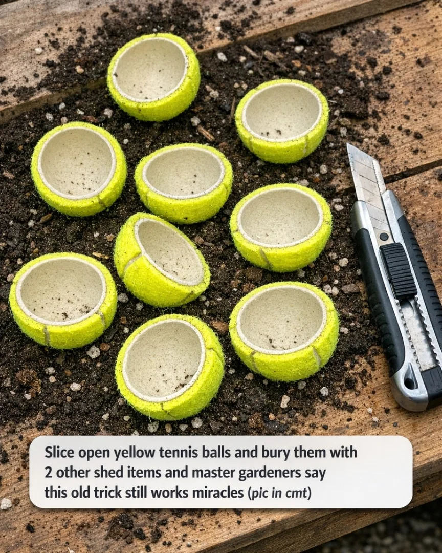 Slice open yellow tennis balls and bury them with 2 other shed items and master gardeners say this old trick still works miracles