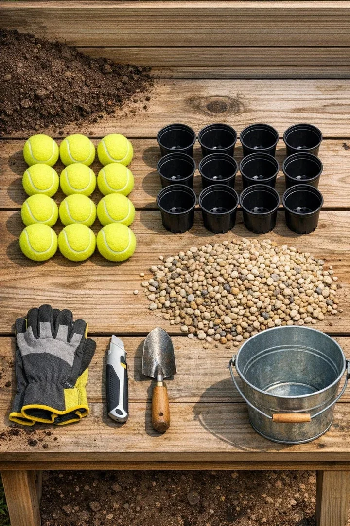 Garden drainage materials laid out on a potting bench