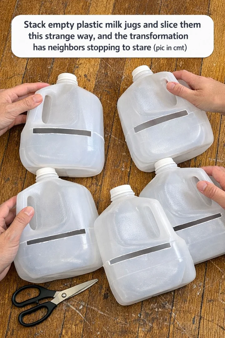 Stack empty plastic milk jugs and slice them this strange way, and the transformation has neighbors stopping to stare