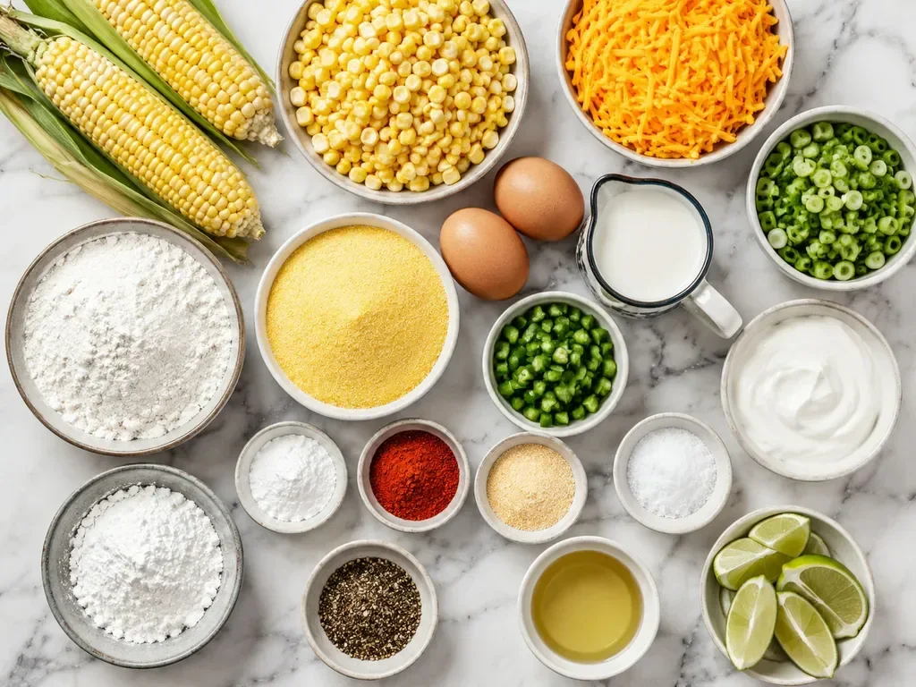Ingredients for cheesy corn fritters with corn, cheddar, scallions, and jalapeno