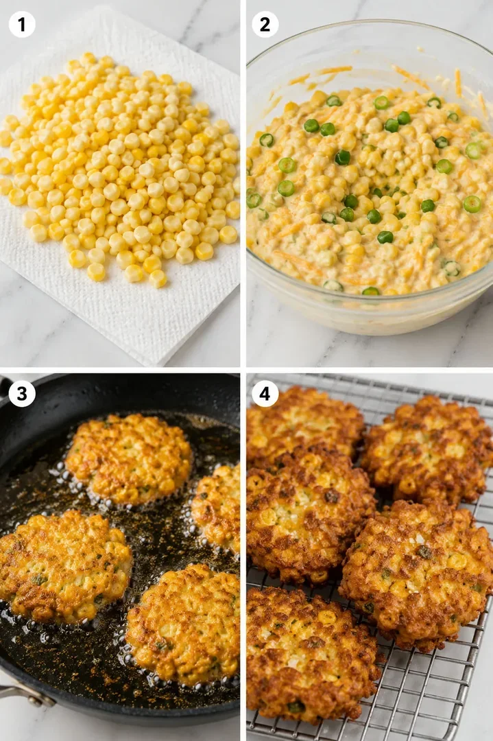 Four steps for making crispy cheesy corn fritters in a skillet