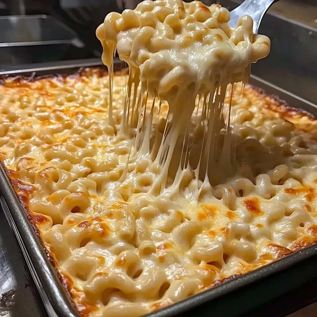 A fork is in a pan of macaroni and cheese.