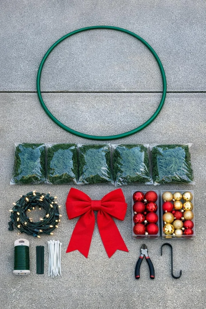 Materials for a giant glowing wreath laid out neatly