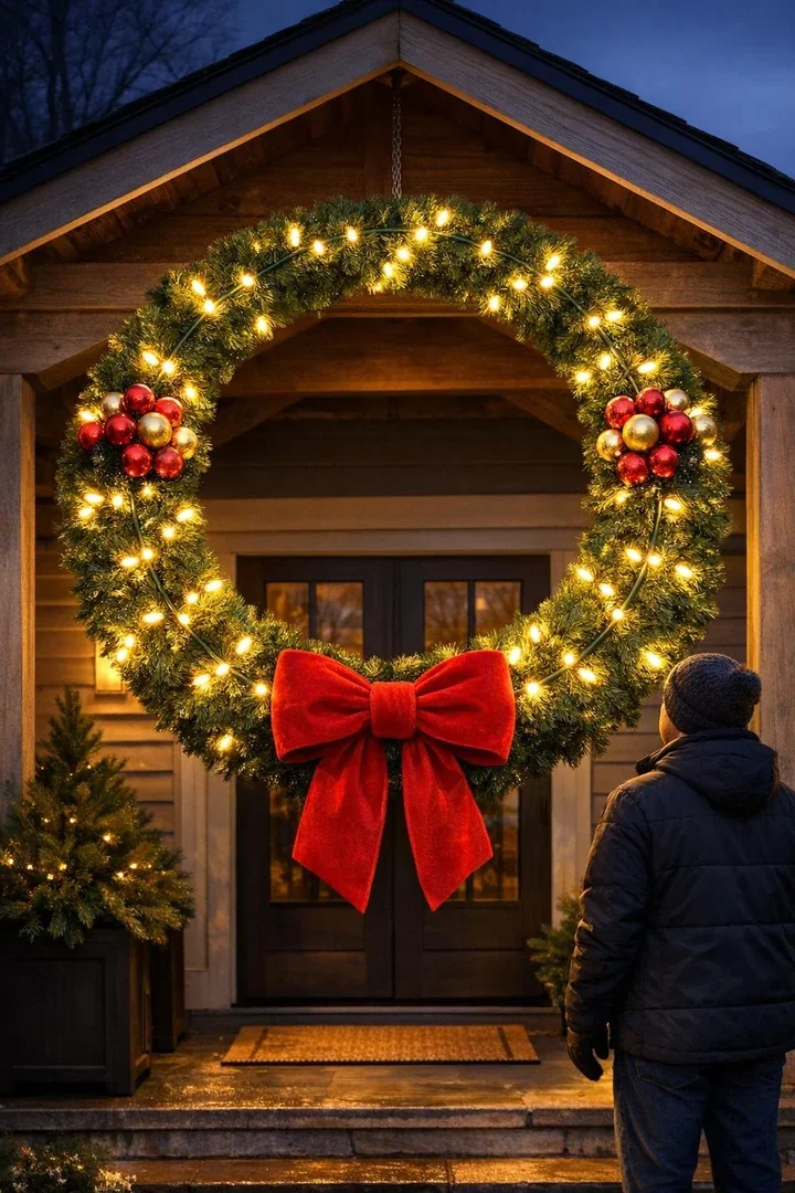 Finished giant glowing Christmas wreath hanging outdoors
